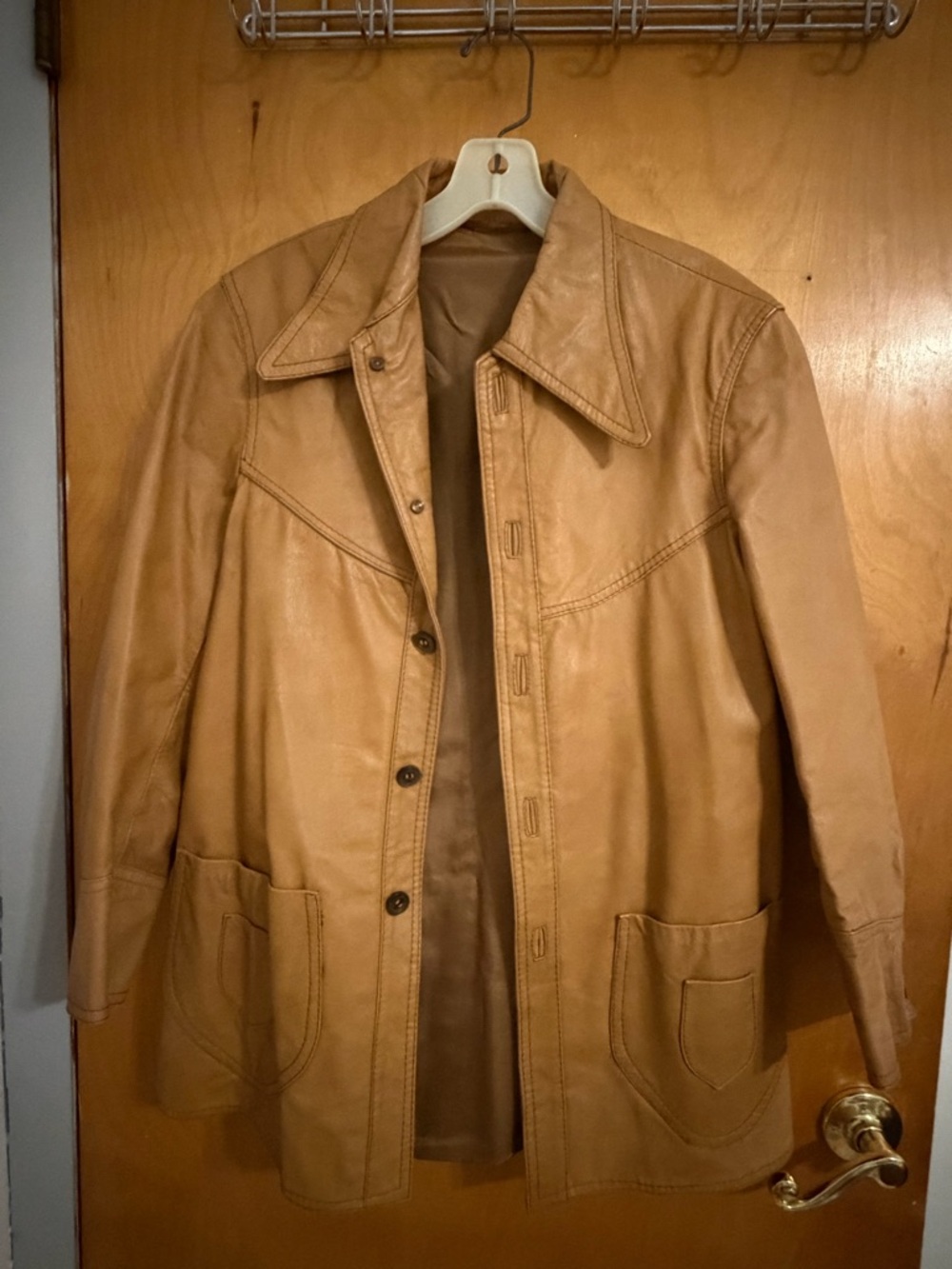 Camel Leather Button-Front Coat with Patch Pockets